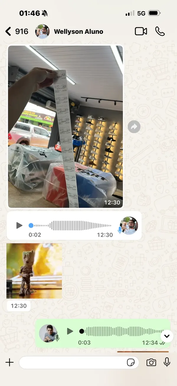 Print do WhatsApp do aluno Wellyson mostrando cupom fiscal gigante de vendas da loja