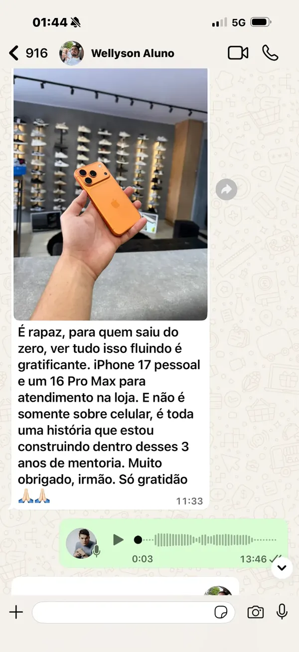 Print do WhatsApp do aluno Wellyson mostrando iPhone 17 conquistado